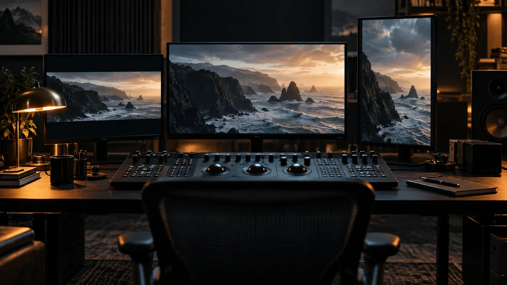 A cinematic editing suite with screens and a sound desk