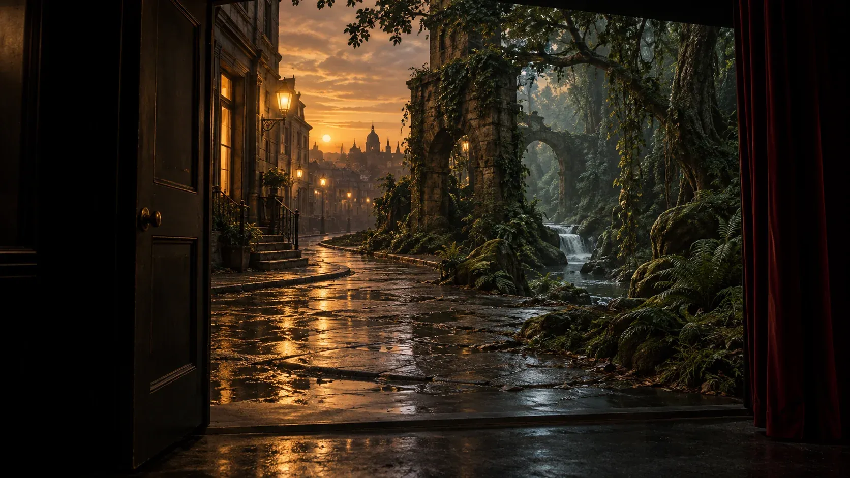 An imagined film set joining an urban street with an overgrown forest.