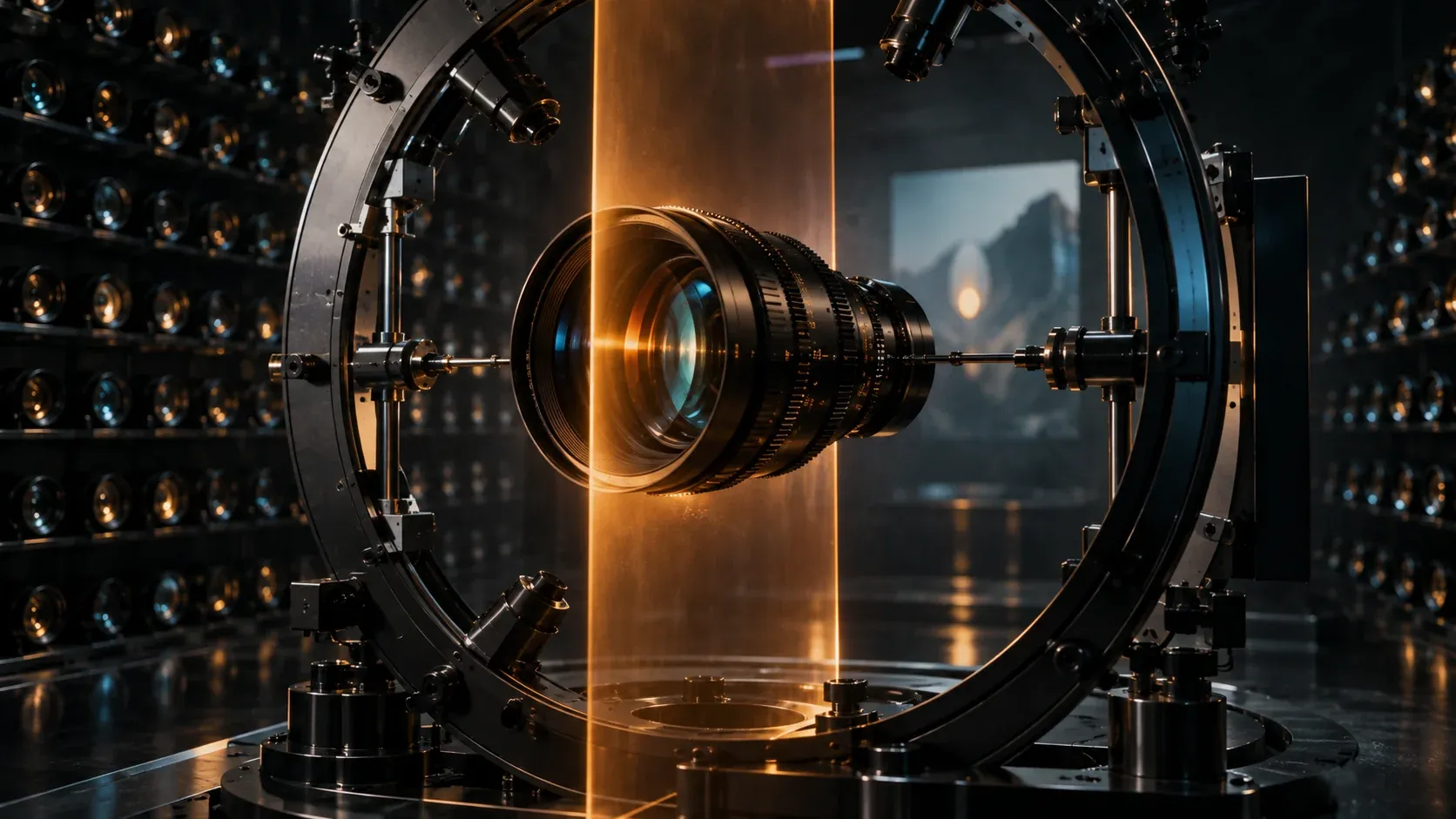 Cinema optics inside an imagined volumetric capture rig with amber light.