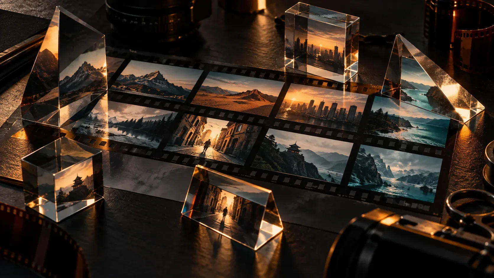 Film contact sheets and glass prisms reflecting different landscapes.