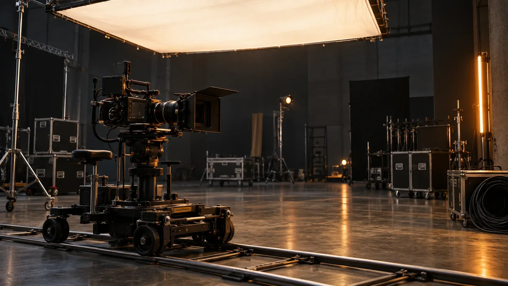 A cinema camera and overhead diffusion frame on an empty soundstage.