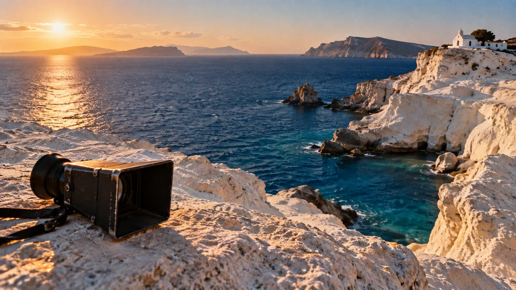 A director’s viewfinder on white coastal rock beside the Aegean Sea.