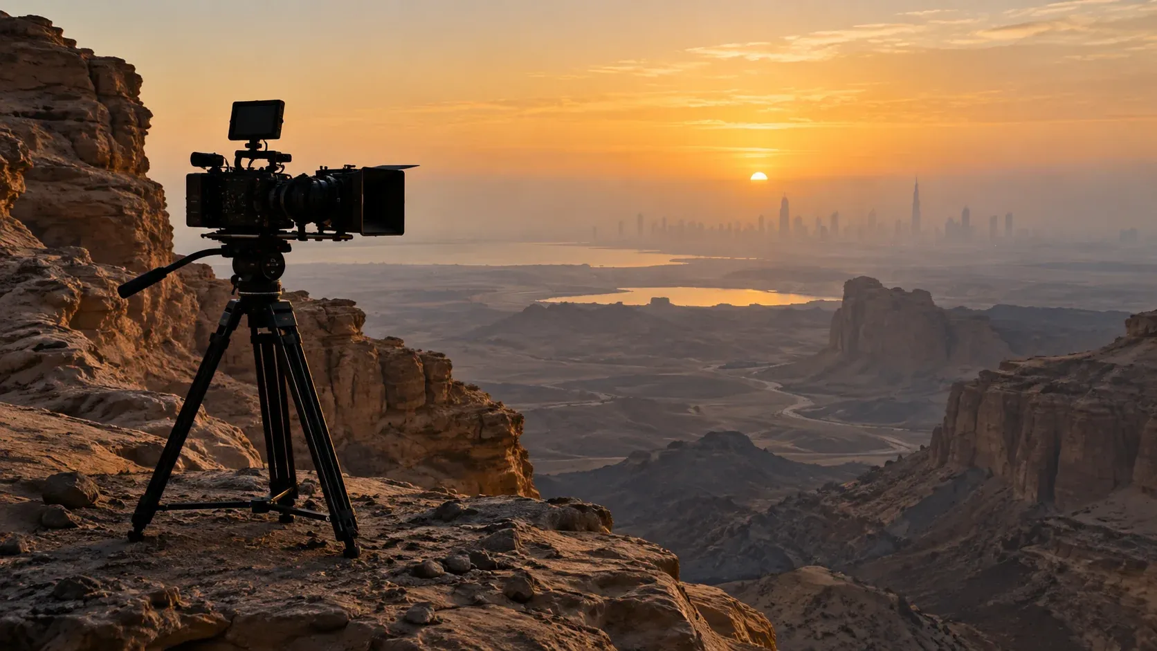 A cinema camera overlooking an imagined Gulf desert and distant skyline.