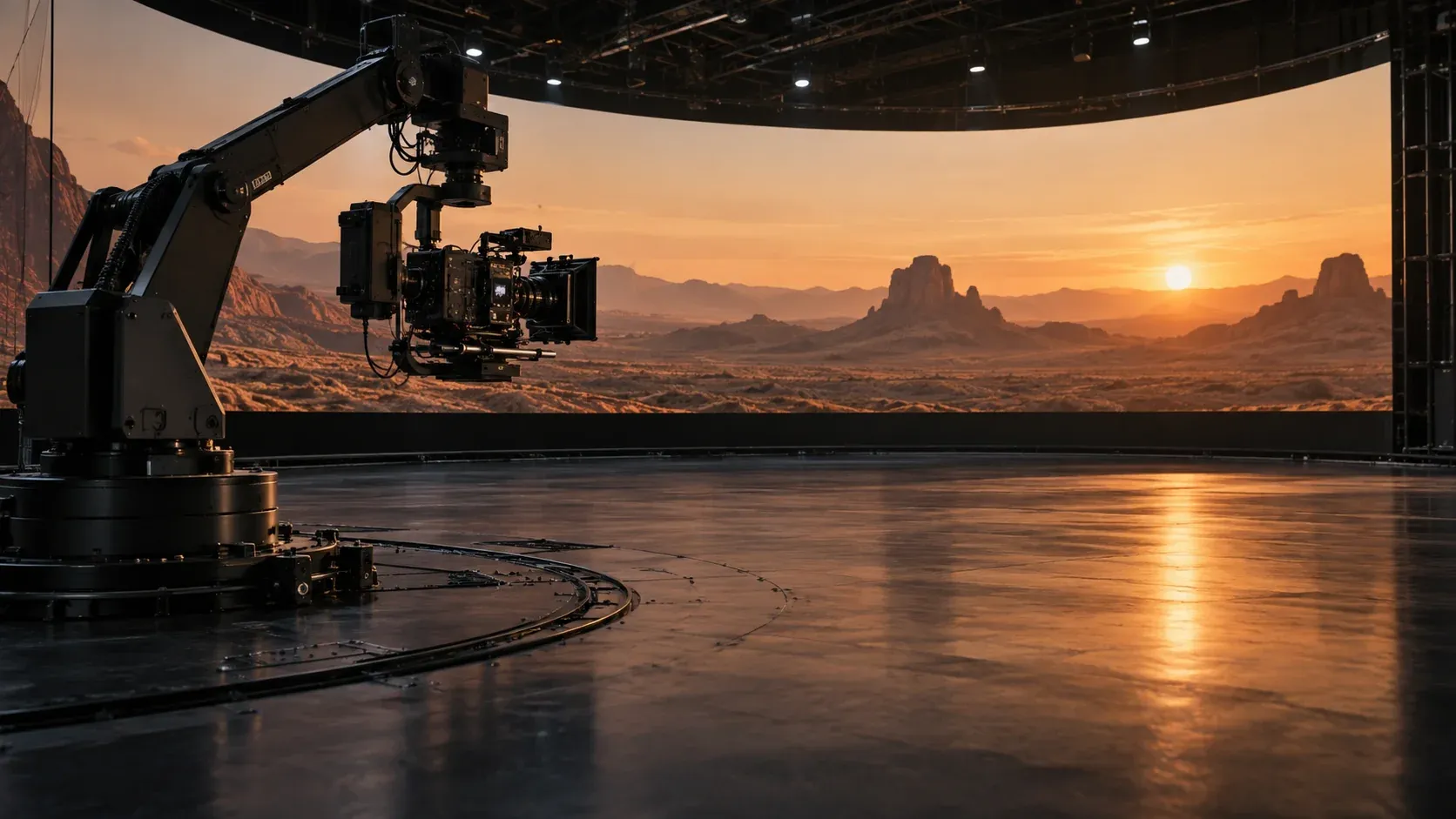 A motion-control cinema camera facing a desert scene on an LED volume.