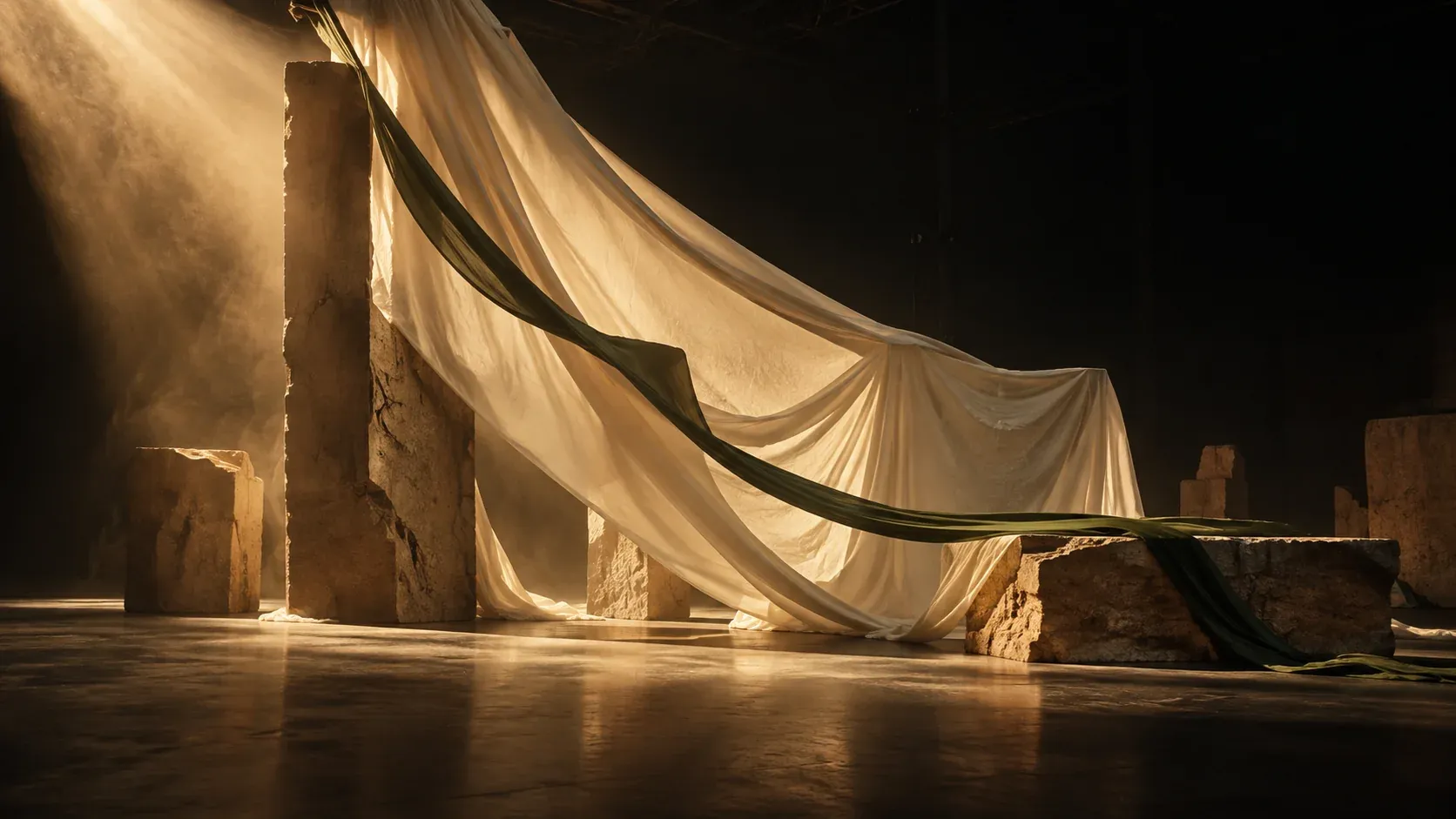Ivory fabric, stone and a green ribbon in a dramatically lit studio.