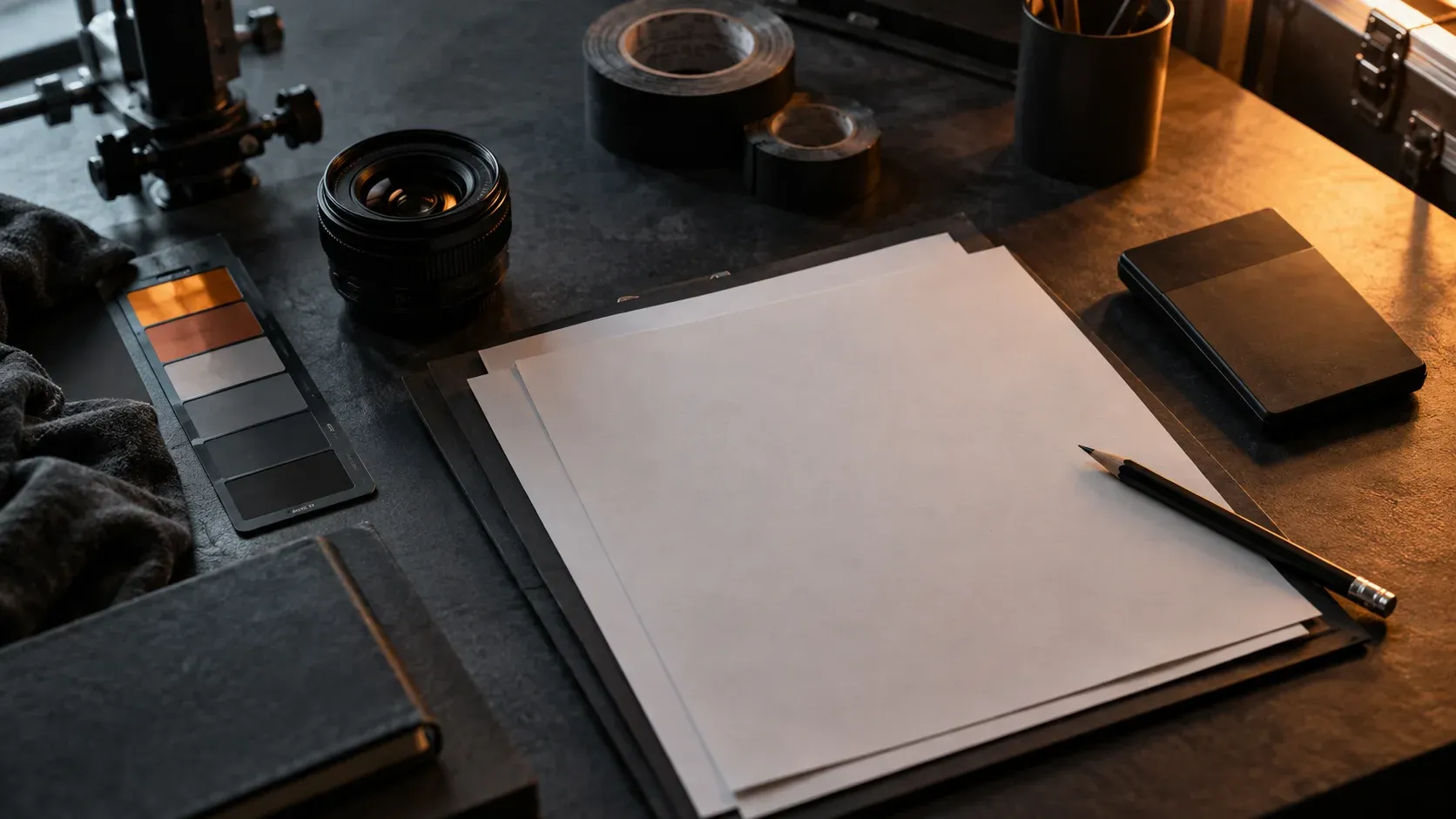 Blank planning sheets, a lens, gaffer tape and a pencil on a production desk
