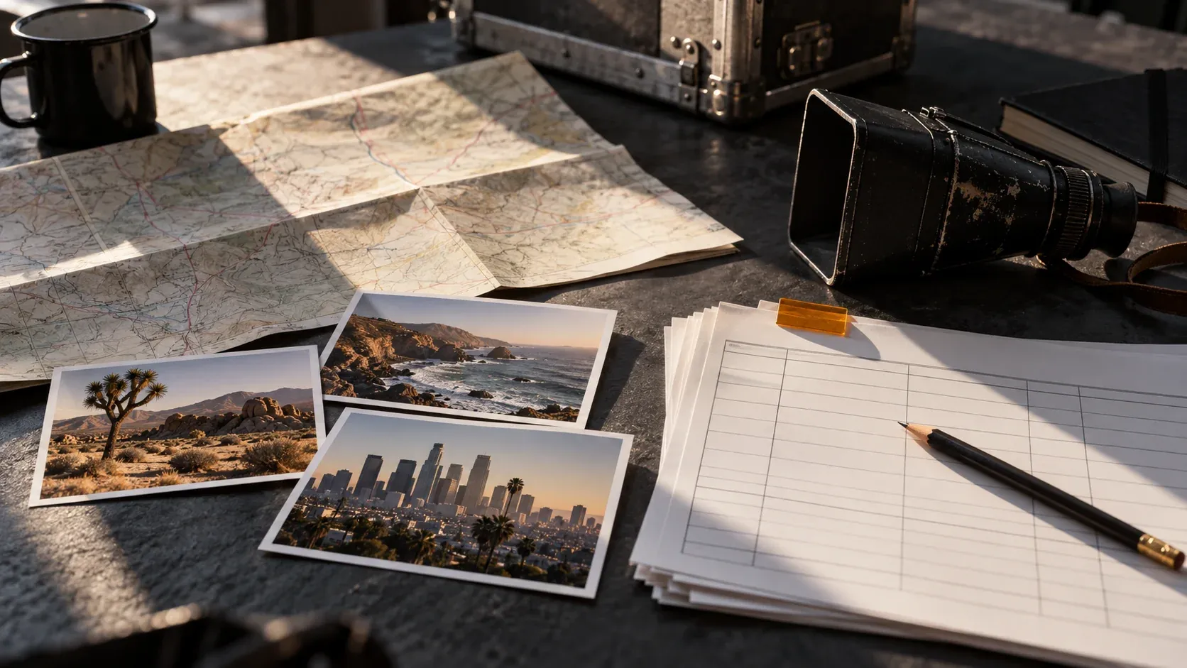 Location photographs, a map and planning sheets on a production desk.