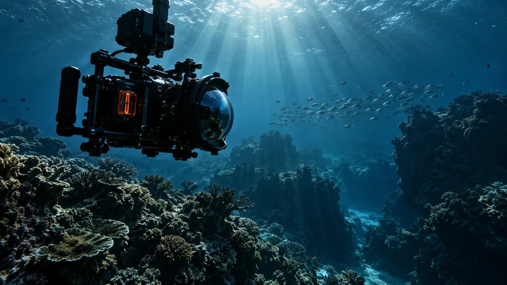 Underwater camera housing above a reef in shafts of blue light.