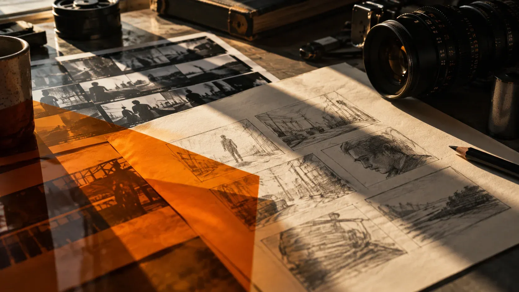 Storyboard sketches, contact prints and a cinema lens on a sunlit desk.